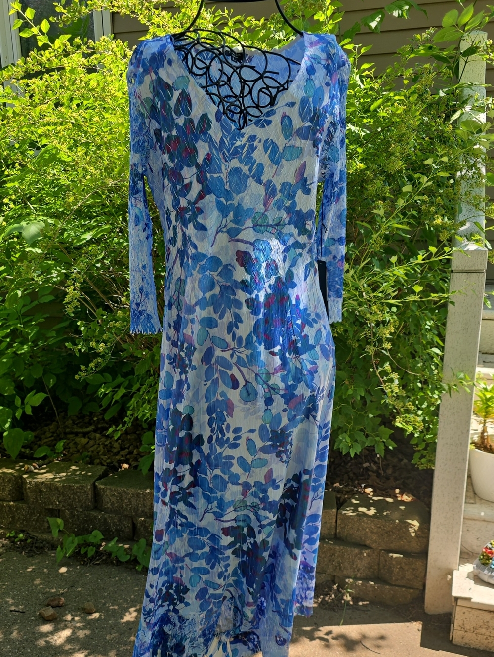 NWT Komarov Blue Floral Pleated Midi Dress | Elegant Lace Sleeve Occasion Dress